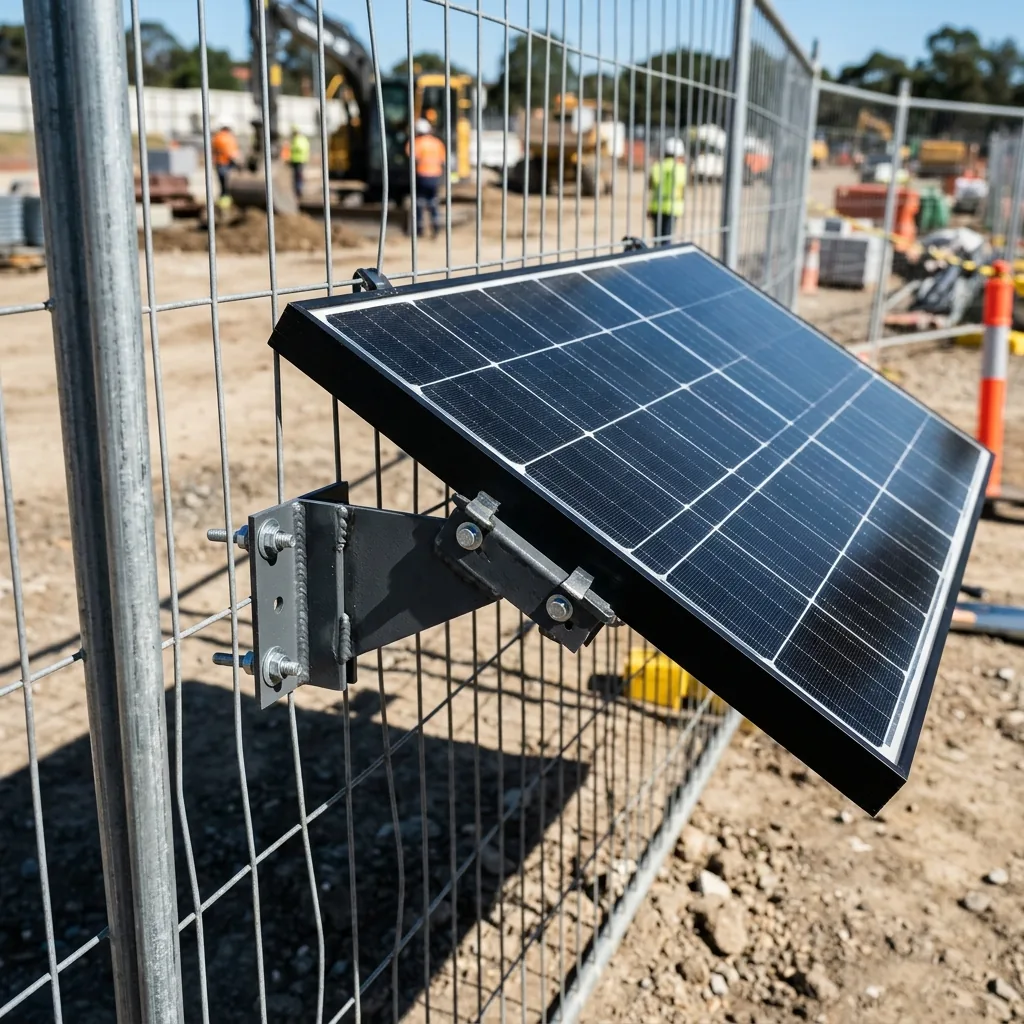 Solar panel mounted on construction fence